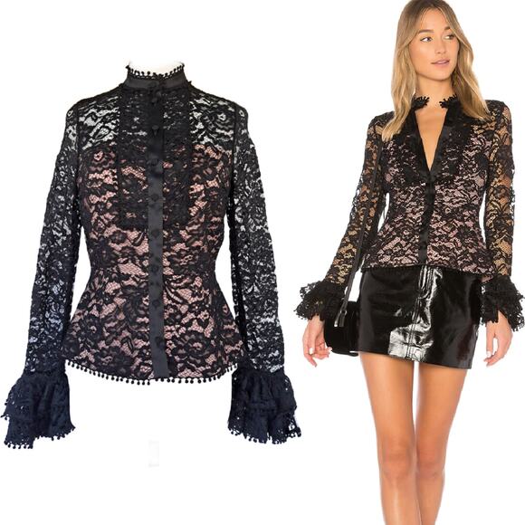 ALEXIS Inna Black Lace Top Medium 4/6 Revolve High Neck Ruffle Long Sleeve - Picture 1 of 12